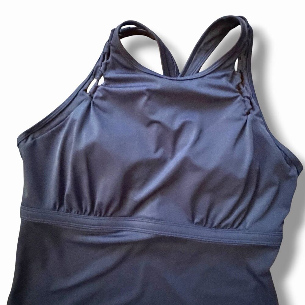 NEW Athleta High Neck Bra Cup Loop Tankini Top 40D/DD Navy Blue Skirt Swimsuit - Picture 5 of 16